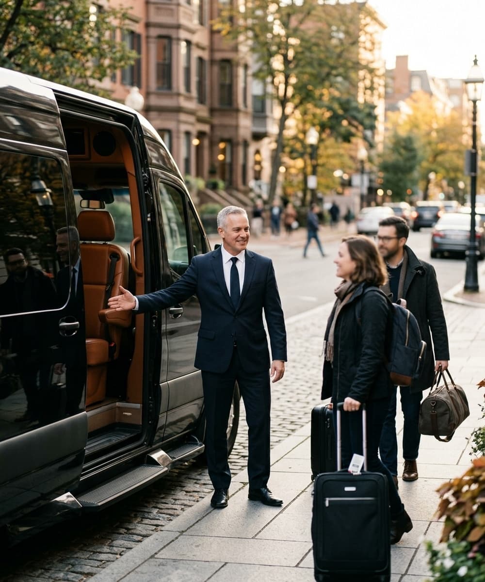 Chauffeur assisting travelers with luggage at Boston cruise port