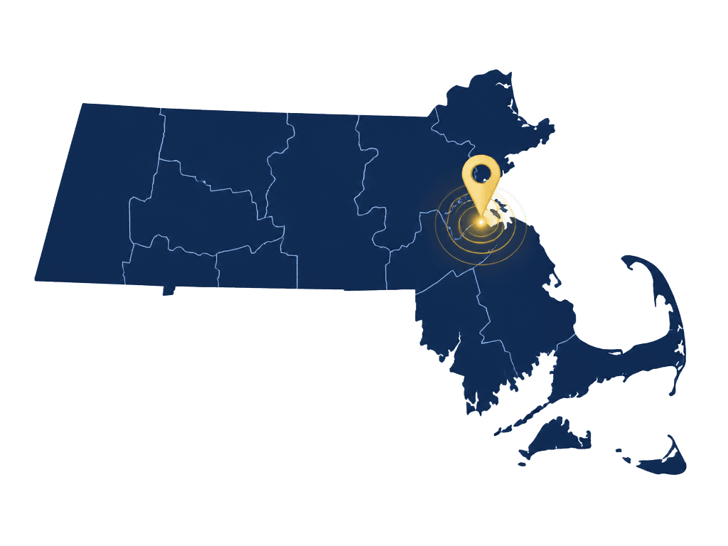 Map of Massachusetts with a highlighted service marker near Boston