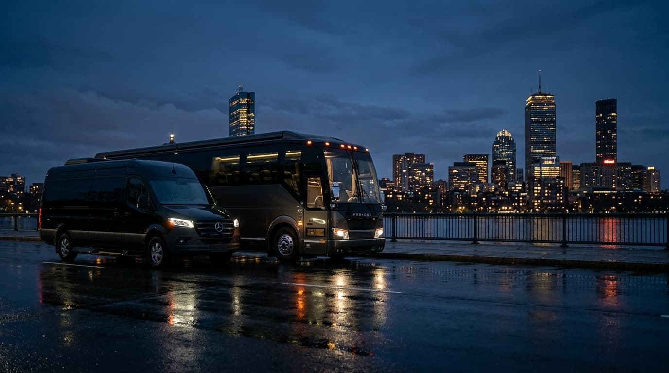 Boston Sprinters luxury Sprinter Van and Motor Coach with Boston skyline at dusk