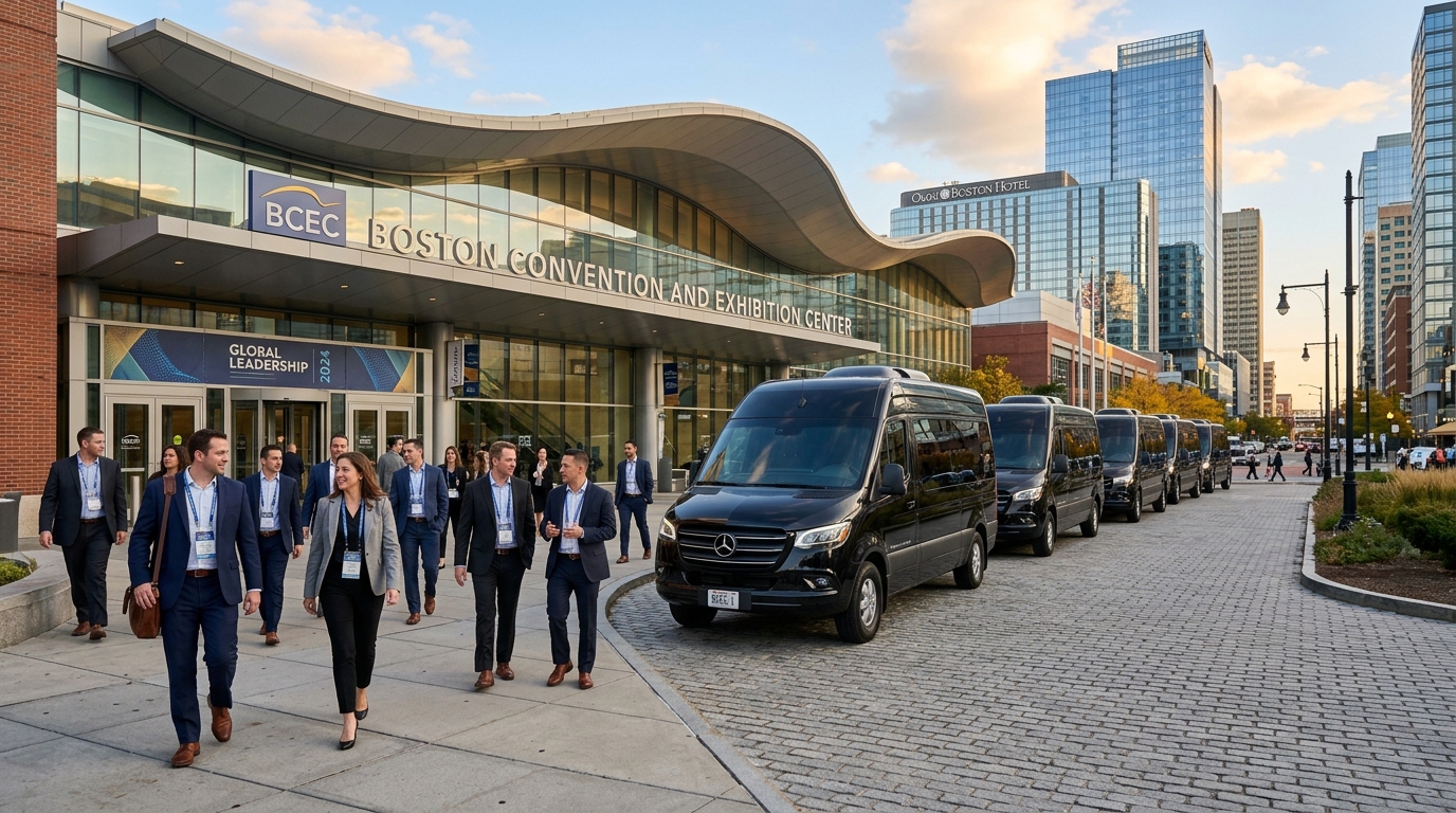Corporate attendees arriving at Boston Convention and Exhibition Center in luxury Sprinter vans