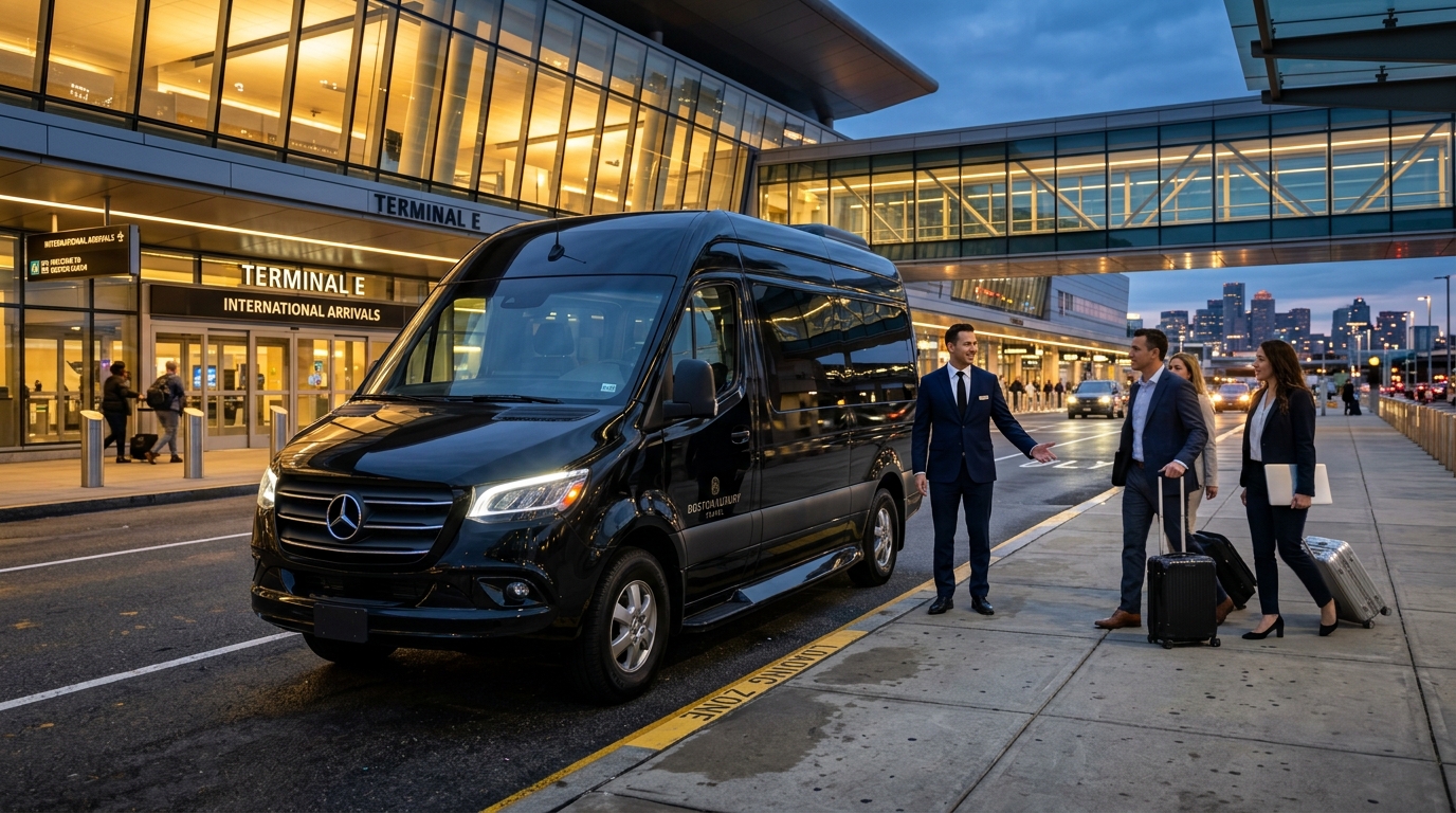 Boston Logan Airport executive Sprinter van transfer curbside pickup